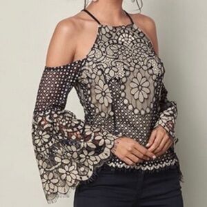 Venus Blouse Lace Cold Shoulder Bell Sleeve Floral Size 10